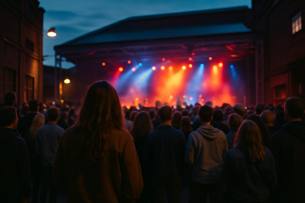 Publik samlad framför scen under kvällsevenemang på Slakthuset.