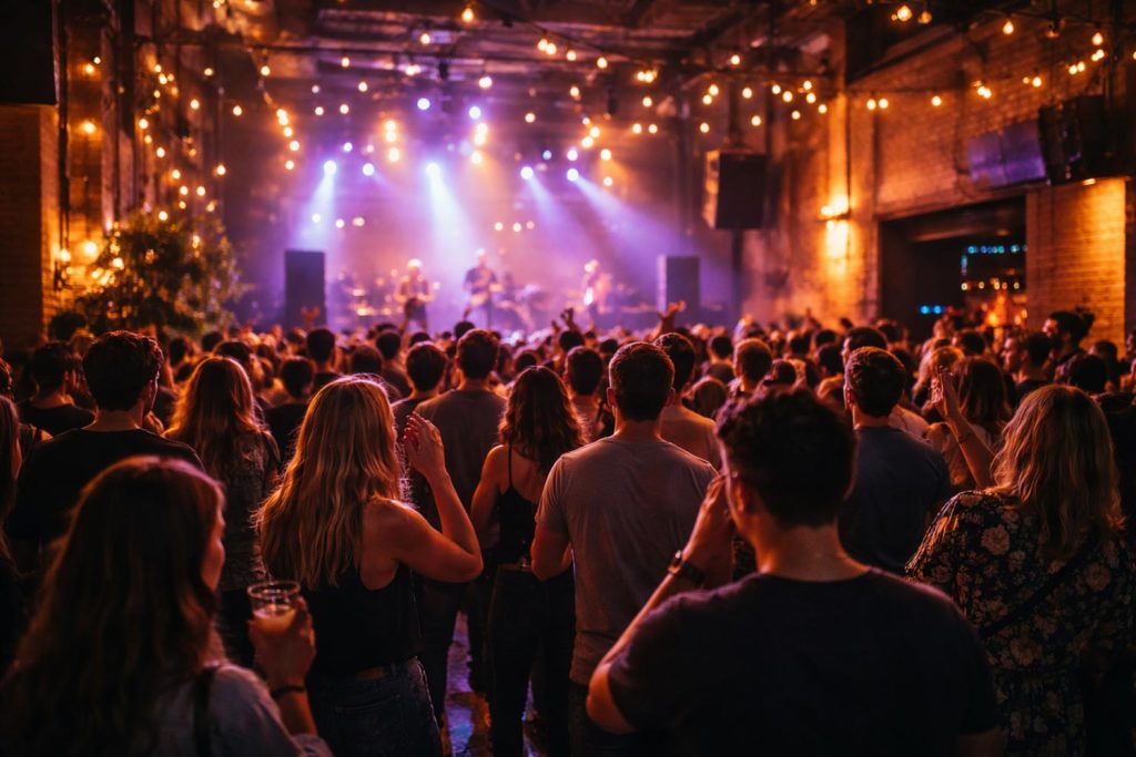 Publik samlad framför scen under liveevenemang i industriell miljö med ljussättning och stämning.